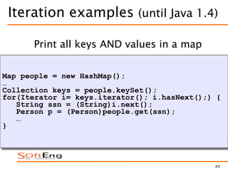 49
Iteration examples (until Java 1.4)
Map people = new HashMap();
…
Collection keys = people.keySet();
for(Iterator i= keys.iterator(); i.hasNext();) {
String ssn = (String)i.next();
Person p = (Person)people.get(ssn);
…
}
Print all keys AND values in a map
 