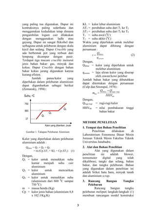 3
yang paling tua digunakan. Dapur ini
kontruksinya paling sederhana dan
menggunakan kedudukan tetap dimana
pengambilan logam cair dilakukan
dengan menggunakan ladle atau
gayung. Dapur ini sangat fleksibel dan
serbaguna untuk peleburan dengan skala
kecil dan sedang. Dapur Crucible yang
ada berbentuk pot yang terbuat dari
lempung dicampur dengan pasir.
Terdapat tiga macam crucible menurut
jenis bahan bakar: gas, minyak dan
kokas. Dapur Crucible dengan bahan
bakar kokas jarang digunakan karena
kurang efisien.
Jumlah panas/kalor yang
diperlukan dalam peleburan aluminium
dapat digambarkan sebagai berikut
(Zemansky, 1994) :
Gambar 1. Tahapan Peleburan Alumiium
Kalor yang diperlukan dalam peleburan
aluminium adalah :
Qlebur = Q1 + Q2 + Q3
= m.(Cp.ΔT1 + KL + Cp ΔT2) (1)
Dengan,
Q1 = kalor untuk menaikkan suhu
kamar menjadi suhu cair
aluminium
Q2 = kalor untuk mencairkan
aluminium
Q3 = kalor untuk menaikkan suhu
(aluminium dari 660 0
C sampai
750 0
C)
m = massa benda (Kg)
Cp = kalor jenis bahan (aluminium 8,8
x 102 J/Kg.K)
KL = kalor lebur aluminium
ΔT1 = perubahan suhu dari T1 ke T2
ΔT2 = perubahan suhu dari T2 ke T3
T1 = suhu awal (0
C)
T2 = suhu akhir (0
C)
Waktu yang diperlukan untuk melebur
aluminium dapat dihitung dengan
persamaan :
cawan
lebur
q
Q
t  (2)
Dengan,
Qlebur = kalor yang diperlukan untuk
melebur aluminium
qcawan = laju aliran kalor yang diserap
oleh cawan/kowi pelebur
Jumlah bahan bakar yang dibutuhkan
dapat ditentukan dengan persamaan
(Culp dan Sitompul, 1976) :
bb
rugirugilebur
bb
HHV
QQ
m 

Dengan,
Qrugi-rugi = rugi-rugi kalor
HHVbb = nilai pembakaran tinggi
bahan bakar
METODE PENELITIAN
1. Tempat dan Bahan Penelitian
Penelitian dilakukan di
Laboratorium Fenomena Dasar Mesin
Jurusan Teknik Mesin Fakultas Teknik
Universitas Janabadra.
2. Alat dan Bahan Penelitian
Alat yang digunakan dalam
penelitian ini adalah blower,
termometer digital yang telah
dikalibrasi, tangki dan selang, bahan
bakar, dan tungku peleburan. Bahan
yang digunakan dalam penelitian ini
adalah briket batu bara, minyak tanah
dan aluminium scrap.
3. Rancang Bangun Tungku
Peleburan
Rancang bangun tungku
peleburan meliputi langkah-langkah (1)
membuat rancangan model konstruksi
Suhu, oC
Kalor yang diberikan, Joule
Q1
Q2
Q3
27
660
750
 