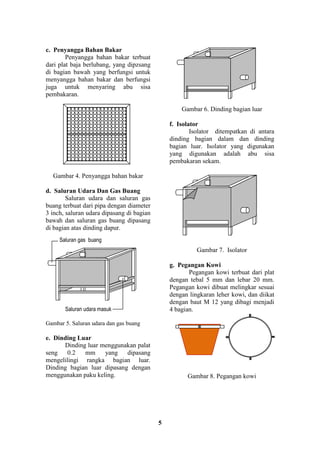 5
c. Penyangga Bahan Bakar
Penyangga bahan bakar terbuat
dari plat baja berlubang, yang dipzsang
di bagian bawah yang berfungsi untuk
menyangga bahan bakar dan berfungsi
juga untuk menyaring abu sisa
pembakaran.
Gambar 4. Penyangga bahan bakar
d. Saluran Udara Dan Gas Buang
Saluran udara dan saluran gas
buang terbuat dari pipa dengan diameter
3 inch, saluran udara dipasang di bagian
bawah dan saluran gas buang dipasang
di bagian atas dinding dapur.
Gambar 5. Saluran udara dan gas buang
e. Dinding Luar
Dinding luar menggunakan palat
seng 0.2 mm yang dipasang
mengelilingi rangka bagian luar.
Dinding bagian luar dipasang dengan
menggunakan paku keling.
Gambar 6. Dinding bagian luar
f. Isolator
Isolator ditempatkan di antara
dinding bagian dalam dan dinding
bagian luar. Isolator yang digunakan
yang digunakan adalah abu sisa
pembakaran sekam.
Gambar 7. Isolator
g. Pegangan Kowi
Pegangan kowi terbuat dari plat
dengan tebal 5 mm dan lebar 20 mm.
Pegangan kowi dibuat melingkar sesuai
dengan lingkaran leher kowi, dan diikat
dengan baut M 12 yang dibagi menjadi
4 bagian.
Gambar 8. Pegangan kowi
Saluran udara masuk
Saluran gas buang
 