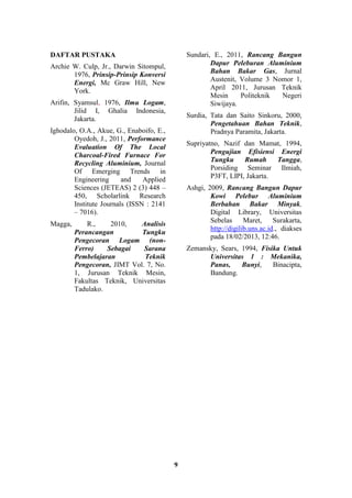 9
DAFTAR PUSTAKA
Archie W. Culp, Jr., Darwin Sitompul,
1976, Prinsip-Prinsip Konversi
Energi, Mc Graw Hill, New
York.
Arifin, Syamsul, 1976, Ilmu Logam,
Jilid I, Ghalia Indonesia,
Jakarta.
Ighodalo, O.A., Akue, G., Enaboifo, E.,
Oyedoh, J., 2011, Performance
Evaluation Of The Local
Charcoal-Fired Furnace For
Recycling Aluminium, Journal
Of Emerging Trends in
Engineering and Applied
Sciences (JETEAS) 2 (3) 448 –
450, Scholarlink Research
Institute Journals (ISSN : 2141
– 7016).
Magga, R., 2010, Analisis
Perancangan Tungku
Pengecoran Logam (non-
Ferro) Sebagai Sarana
Pembelajaran Teknik
Pengecoran, JIMT Vol. 7, No.
1, Jurusan Teknik Mesin,
Fakultas Teknik, Universitas
Tadulako.
Sundari, E., 2011, Rancang Bangun
Dapur Peleburan Aluminium
Bahan Bakar Gas, Jurnal
Austenit, Volume 3 Nomor 1,
April 2011, Jurusan Teknik
Mesin Politeknik Negeri
Siwijaya.
Surdia, Tata dan Saito Sinkoru, 2000,
Pengetahuan Bahan Teknik,
Pradnya Paramita, Jakarta.
Supriyatno, Nazif dan Mamat, 1994,
Pengujian Efisiensi Energi
Tungku Rumah Tangga,
Porsiding Seminar Ilmiah,
P3FT, LIPI, Jakarta.
Ashgi, 2009, Rancang Bangun Dapur
Kowi Pelebur Aluminium
Berbahan Bakar Minyak,
Digital Library, Universitas
Sebelas Maret, Surakarta,
http://digilib.uns.ac.id., diakses
pada 18/02/2013, 12:46.
Zemansky, Sears, 1994, Fisika Untuk
Universitas 1 : Mekanika,
Panas, Bunyi, Binacipta,
Bandung.
 