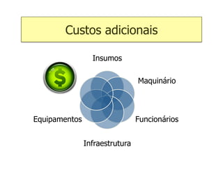 Custos adicionais

                 Insumos

                                Maquinário



Equipamentos                    Funcionários


               Infraestrutura
 