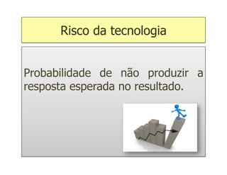 Risco da tecnologia


Probabilidade de não produzir a
resposta esperada no resultado.
 