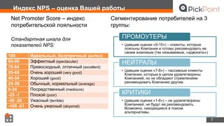 • (давшие оценки «9-10») – клиенты, которые
лояльны Компании и готовы рекомендовать ее
своим знакомым (так называемые, «адвокаты»)
ПРОМОУТЕРЫ
• (давшие оценки «7-8») – пассивные клиенты
Компании, которые в целом удовлетворены
Компанией, но не обладают стремлением
рекомендовать Компанию другим.
НЕЙТРАЛЫ
• (давшие оценки «1-6») – не удовлетворены
Компанией, не будут ее рекомендовать.
Возможно, находящиеся в поиске
альтернативы.
КРИТИКИ
7
Индекс NPS – оценка Вашей работы
Net Promoter Score – индекс
потребительской лояльности
Сегментирование потребителей на 3
группы:
100 Идеальный, безупречный (perfect)
85-99 Эффектный (spectacular)
70-84 Превосходный, отличный (excellent)
55-69 Очень хороший (very good)
40-54 Хороший (good)
25-39 Обычный, нормальный (average)
0-24 Посредственный (mediocre)
-25 -1 Плохой (poor)
-50 -26 Ужасный (terrible)
-100 -51 Очень ужасный (abysmal)
Стандартная шкала для
показателей NPS:
 