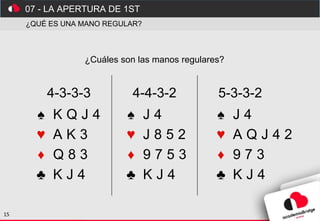 07 - LA APERTURA DE 1ST
15
¿QUÉ ES UNA MANO REGULAR?
¿Cuáles son las manos regulares?
4-3-3-3 4-4-3-2 5-3-3-2
♠ K Q J 4
♥ ...