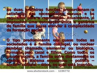 As duas primeiras funções proporcionam a satisfação das necessidades sexuais e os requisitos para a reprodução. Atualmente, é impossível uma concepção única e genérica de família que passa atender à complexidade da formação social. O tipo predominante em quase todas as sociedades é à família conjugal, ou nuclear também chamada, elementar ou biológica, formada pelo casal e filhos. Como todos os grupos sociais, a família sofre diretamente os efeitos do sistema econômico – político – social – cultural – ético, no qual está inserido. 