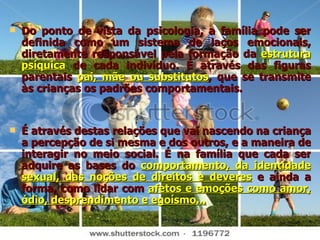 Do ponto de vista da psicologia, a família pode ser definida como um sistema de laços emocionais, diretamente responsável pela formação da  estrutura psíquica  de cada indivíduo. É através das figuras parentais  pai, mãe ou substitutos , que se transmite às crianças os padrões comportamentais. É através destas relações que vai nascendo na criança a percepção de si mesma e dos outros, e a maneira de interagir no meio social. É na família que cada ser adquire as bases do  comportamento, da identidade sexual, das noções de direitos e deveres  e ainda a forma, como lidar com  afetos e emoções como amor, ódio, desprendimento e egoísmo... 