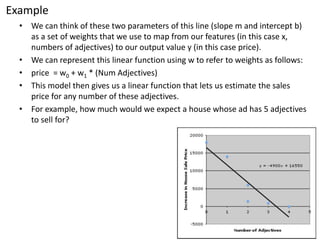 Example 
• We can think of these two parameters of this line (slope m and intercept b) 
as a set of weights that we use to map from our features (in this case x, 
numbers of adjectives) to our output value y (in this case price). 
• We can represent this linear function using w to refer to weights as follows: 
• price = w0 + w1 * (Num Adjectives) 
• This model then gives us a linear function that lets us estimate the sales 
price for any number of these adjectives. 
• For example, how much would we expect a house whose ad has 5 adjectives 
to sell for? 
 