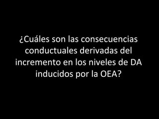 ¿Cuáles	
  son	
  las	
  consecuencias	
  
conductuales	
  derivadas	
  del	
  
incremento	
  en	
  los	
  niveles	
  de	
  DA	
  
inducidos	
  por	
  la	
  OEA?	
  

 