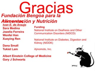 Gracias

Fundación Bengoa para la
Yale University
Alimentación y Nutrición
Ivan E. de Araujo
Sara Medina
Jozelia Ferreira
Wenfei Han
Xueying Ren
Dana Small
Tukiet Lam

Funding
National Institute on Deafness and Other
Communication Disorders (NIDCD)
National Institute on Diabetes, Digestion and
Kidney (NIDDK)
Ajinomoto, Inc.

Albert Einstein College of Medicine
Gary J Schwartz

 