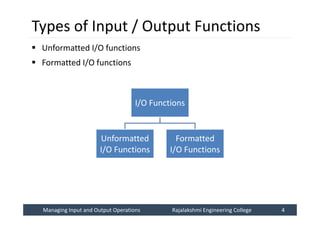 Managing Input and Output Operations
Managing Input and Output Operations Rajalakshmi Engineering College 4
Rajalakshmi Engineering College 4
Types of Input / Output Functions
 Unformatted I/O functions
 Formatted I/O functions
I/O Functions
Unformatted
I/O Functions
Formatted
I/O Functions
 