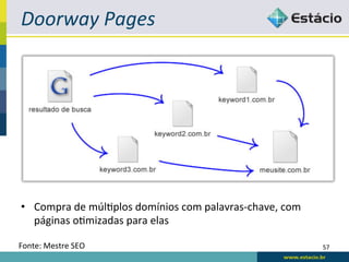 Doorway	
  Pages	
  




•  Compra	
  de	
  múlRplos	
  domínios	
  com	
  palavras-­‐chave,	
  com	
  
   páginas	
  oRmizadas	
  para	
  elas	
  

Fonte:	
  Mestre	
  SEO	
                                                        57	
  
 