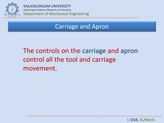 KALASALINGAM UNIVERSITY
(Kalasalingam Academy of Research and Education)
Department of Mechanical Engineering
I. SIVA, SL/Mech.
Carriage and Apron
The controls on the carriage and apron
control all the tool and carriage
movement.
 