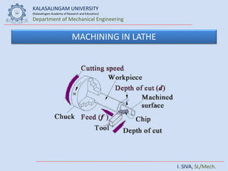 KALASALINGAM UNIVERSITY
(Kalasalingam Academy of Research and Education)
Department of Mechanical Engineering
I. SIVA, SL/Mech.
MACHINING IN LATHE
 