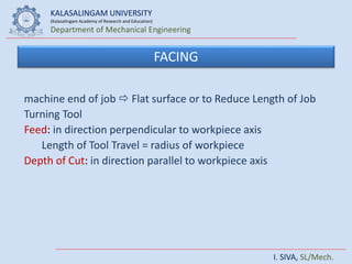 KALASALINGAM UNIVERSITY
(Kalasalingam Academy of Research and Education)
Department of Mechanical Engineering
I. SIVA, SL/Mech.
FACING
machine end of job  Flat surface or to Reduce Length of Job
Turning Tool
Feed: in direction perpendicular to workpiece axis
Length of Tool Travel = radius of workpiece
Depth of Cut: in direction parallel to workpiece axis
 
