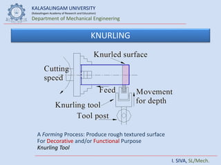 KALASALINGAM UNIVERSITY
(Kalasalingam Academy of Research and Education)
Department of Mechanical Engineering
I. SIVA, SL/Mech.
KNURLING
A Forming Process: Produce rough textured surface
For Decorative and/or Functional Purpose
Knurling Tool
 
