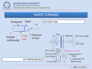 KALASALINGAM UNIVERSITY
(Kalasalingam Academy of Research and Education)
Department of Mechanical Engineering
I. SIVA, SL/Mech.
TAPER TURNING
BY FORM TOOL
BY COMPOUND REST
 