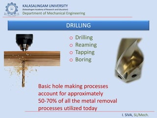 KALASALINGAM UNIVERSITY
(Kalasalingam Academy of Research and Education)
Department of Mechanical Engineering
I. SIVA, SL/Mech.
DRILLING
Basic hole making processes
account for approximately
50-70% of all the metal removal
processes utilized today
o Drilling
o Reaming
o Tapping
o Boring
 