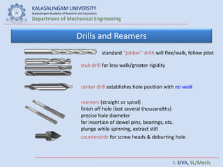 KALASALINGAM UNIVERSITY
(Kalasalingam Academy of Research and Education)
Department of Mechanical Engineering
I. SIVA, SL/Mech.
Drills and Reamers
standard “jobber” drill: will flex/walk, follow pilot
stub drill for less walk/greater rigidity
reamers (straight or spiral)
finish off hole (last several thousandths)
precise hole diameter
for insertion of dowel pins, bearings, etc.
plunge while spinning, extract still
countersink: for screw heads & deburring hole
center drill establishes hole position with no walk
 