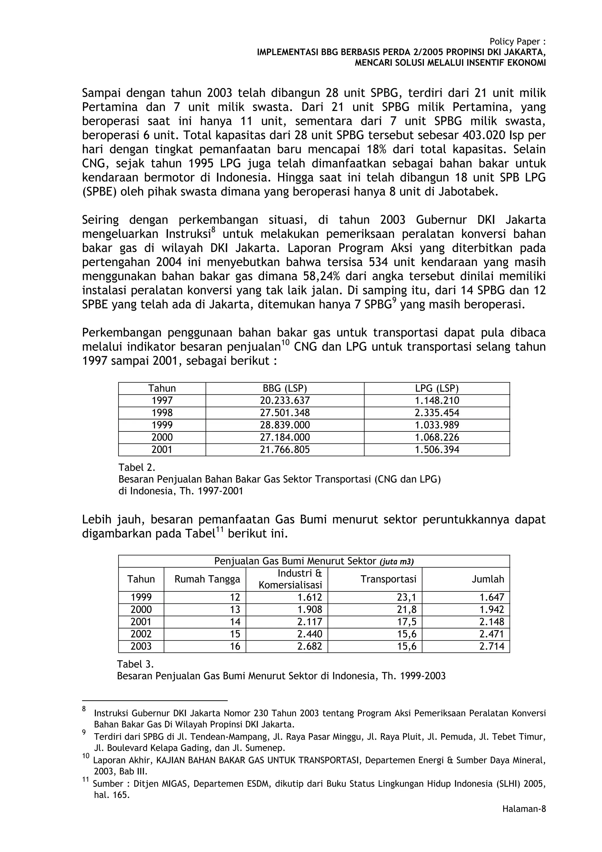 Policy Paper :
                                            IMPLEMENTASI BBG BERBASIS PERDA 2/2005 PROPINSI DKI JAKARTA,
                                                                MENCARI SOLUSI MELALUI INSENTIF EKONOMI


Sampai dengan tahun 2003 telah dibangun 28 unit SPBG, terdiri dari 21 unit milik
Pertamina dan 7 unit milik swasta. Dari 21 unit SPBG milik Pertamina, yang
beroperasi saat ini hanya 11 unit, sementara dari 7 unit SPBG milik swasta,
beroperasi 6 unit. Total kapasitas dari 28 unit SPBG tersebut sebesar 403.020 Isp per
hari dengan tingkat pemanfaatan baru mencapai 18% dari total kapasitas. Selain
CNG, sejak tahun 1995 LPG juga telah dimanfaatkan sebagai bahan bakar untuk
kendaraan bermotor di Indonesia. Hingga saat ini telah dibangun 18 unit SPB LPG
(SPBE) oleh pihak swasta dimana yang beroperasi hanya 8 unit di Jabotabek.

Seiring dengan perkembangan situasi, di tahun 2003 Gubernur DKI Jakarta
mengeluarkan Instruksi8 untuk melakukan pemeriksaan peralatan konversi bahan
bakar gas di wilayah DKI Jakarta. Laporan Program Aksi yang diterbitkan pada
pertengahan 2004 ini menyebutkan bahwa tersisa 534 unit kendaraan yang masih
menggunakan bahan bakar gas dimana 58,24% dari angka tersebut dinilai memiliki
instalasi peralatan konversi yang tak laik jalan. Di samping itu, dari 14 SPBG dan 12
SPBE yang telah ada di Jakarta, ditemukan hanya 7 SPBG9 yang masih beroperasi.

Perkembangan penggunaan bahan bakar gas untuk transportasi dapat pula dibaca
melalui indikator besaran penjualan10 CNG dan LPG untuk transportasi selang tahun
1997 sampai 2001, sebagai berikut :

                  Tahun                       BBG (LSP)                           LPG (LSP)
                   1997                      20.233.637                           1.148.210
                   1998                      27.501.348                           2.335.454
                   1999                      28.839.000                           1.033.989
                   2000                      27.184.000                           1.068.226
                   2001                      21.766.805                           1.506.394
           Tabel 2.
           Besaran Penjualan Bahan Bakar Gas Sektor Transportasi (CNG dan LPG)
           di Indonesia, Th. 1997-2001

Lebih jauh, besaran pemanfaatan Gas Bumi menurut sektor peruntukkannya dapat
digambarkan pada Tabel11 berikut ini.

                               Penjualan Gas Bumi Menurut Sektor (juta m3)
                                            Industri &
             Tahun      Rumah Tangga                         Transportasi                       Jumlah
                                        Komersialisasi
              1999                12            1.612                 23,1                       1.647
              2000                13            1.908                 21,8                       1.942
              2001                14            2.117                 17,5                       2.148
              2002                15            2.440                 15,6                       2.471
              2003                16            2.682                 15,6                       2.714
          Tabel 3.
          Besaran Penjualan Gas Bumi Menurut Sektor di Indonesia, Th. 1999-2003


8
     Instruksi Gubernur DKI Jakarta Nomor 230 Tahun 2003 tentang Program Aksi Pemeriksaan Peralatan Konversi
     Bahan Bakar Gas Di Wilayah Propinsi DKI Jakarta.
9
     Terdiri dari SPBG di Jl. Tendean-Mampang, Jl. Raya Pasar Minggu, Jl. Raya Pluit, Jl. Pemuda, Jl. Tebet Timur,
     Jl. Boulevard Kelapa Gading, dan Jl. Sumenep.
10
     Laporan Akhir, KAJIAN BAHAN BAKAR GAS UNTUK TRANSPORTASI, Departemen Energi & Sumber Daya Mineral,
     2003, Bab III.
11
     Sumber : Ditjen MIGAS, Departemen ESDM, dikutip dari Buku Status Lingkungan Hidup Indonesia (SLHI) 2005,
     hal. 165.
                                                                                                       Halaman-8
 