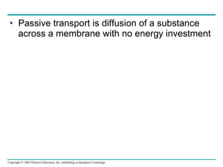 Passive transport is diffusion of a substance across a membrane with no energy investment 