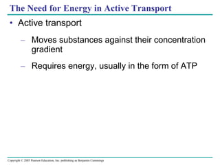 The Need for Energy in Active Transport Active transport Moves substances against their concentration gradient Requires energy, usually in the form of ATP 
