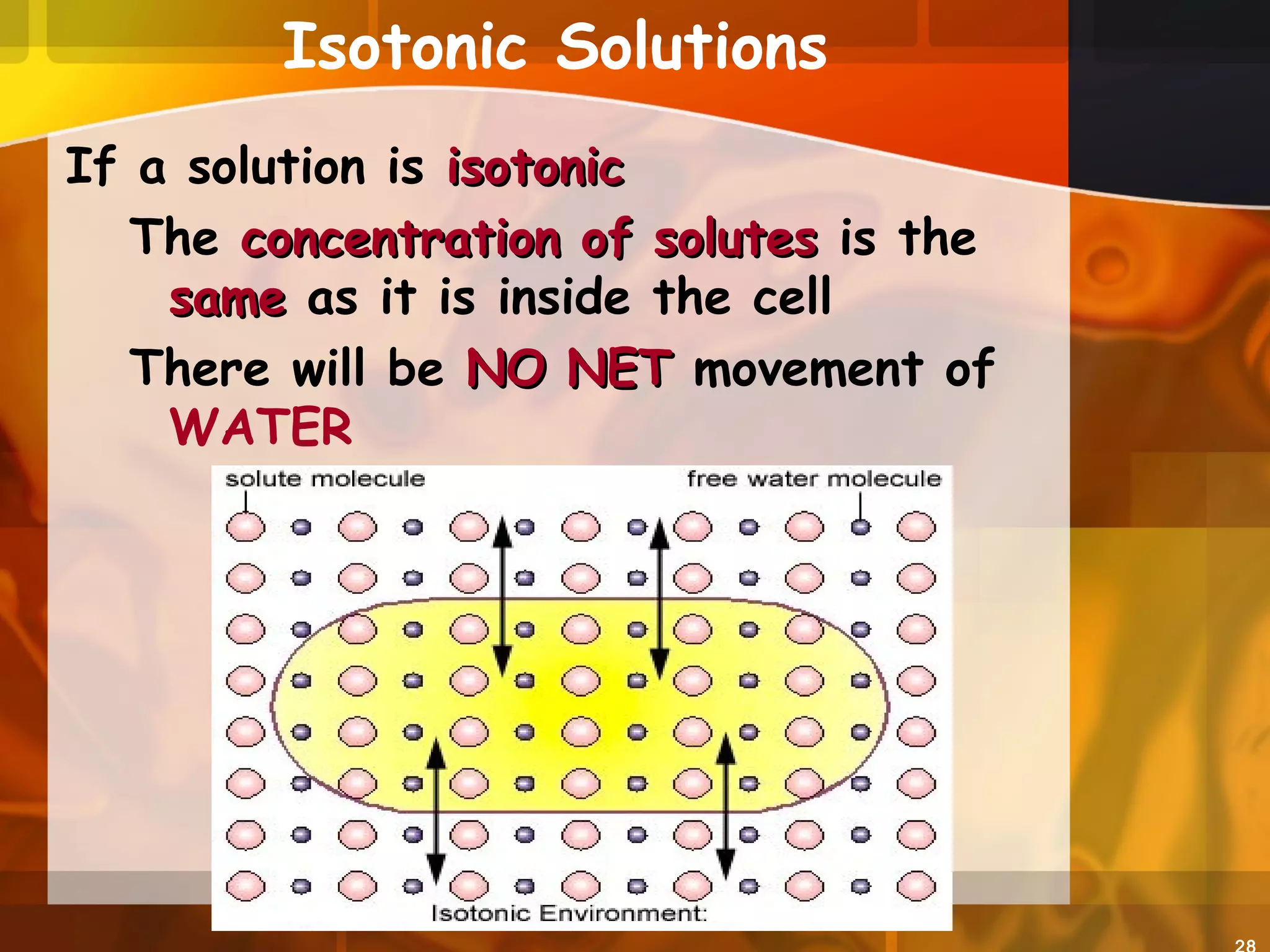 Isotonic Solutions
If a solution is isotonicisotonic
The concentration of solutesconcentration of solutes is the
samesame as it is inside the cell
There will be NO NETNO NET movement of
WATER
 