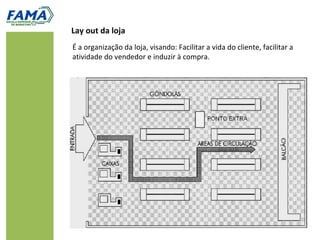 Lay out da loja
É a organização da loja, visando: Facilitar a vida do cliente, facilitar a
atividade do vendedor e induzir à compra.
 
