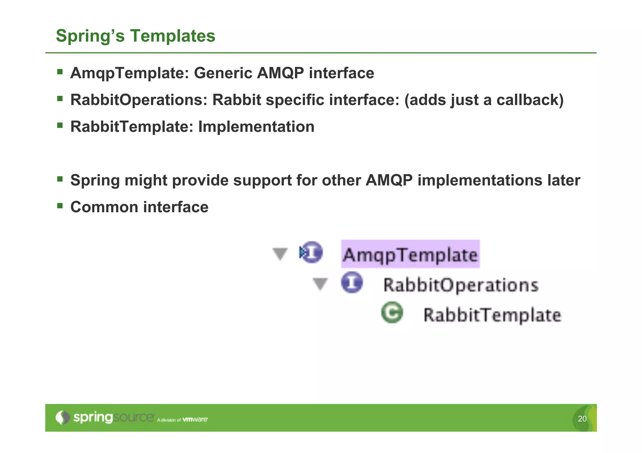 Spring’s Templates

  AmqpTemplate: Generic AMQP interface
  RabbitOperations: Rabbit specific interface: (adds just a callback)
  RabbitTemplate: Implementation

  Spring might provide support for other AMQP implementations later
  Common interface




                                                                         20
 