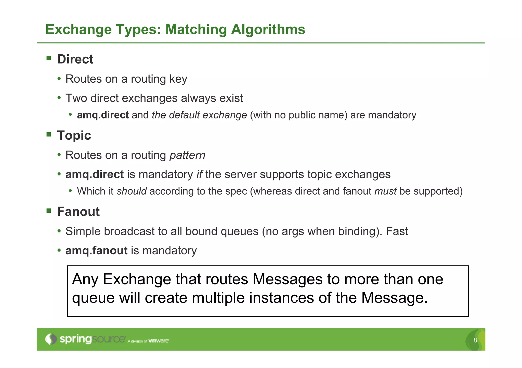 Exchange Types: Matching Algorithms

  Direct
  •  Routes on a routing key
  •  Two direct exchanges always exist
    •  amq.direct and the default exchange (with no public name) are mandatory
  Topic
  •  Routes on a routing pattern
  •  amq.direct is mandatory if the server supports topic exchanges
    •  Which it should according to the spec (whereas direct and fanout must be supported)
  Fanout
  •  Simple broadcast to all bound queues (no args when binding). Fast
  •  amq.fanout is mandatory

     Any Exchange that routes Messages to more than one
     queue will create multiple instances of the Message.

                                                                                             8
 