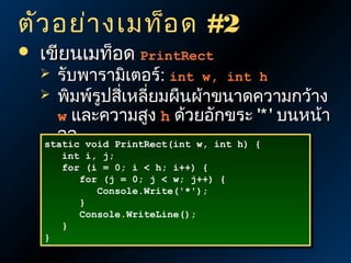 ตัว อย่า งเมท็อ ด #2


เขียนเมท็อด PrintRect

รับพารามิเตอร์: int w, int h
 พิมพ์รูปสีเหลี่ยมผืนผ้าขนาดความกว้าง
่
w และความสูง h ด้วยอักขระ '* ' บนหน้า
จอ void PrintRect(int w, int h) {
static


static void PrintRect(int w, int h) {
int i, j;
int i, j;
for (i = 0; i < h; i++) {
for (i = 0; i < h; i++) {
for (j = 0; j < w; j++) {
for (j = 0; j < w; j++) {
Console.Write('*');
Console.Write('*');
}
}
Console.WriteLine();
Console.WriteLine();
}
}
}
}

 