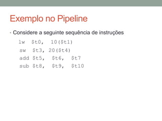 Exemplo no Pipeline
• Considere a seguinte sequência de instruções

lw

$t0,

10($t1)

sw $t3, 20($t4)
add $t5, $t6, $t7
sub $t8, $t9, $t10

 