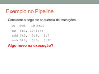 Exemplo no Pipeline
• Considere a seguinte sequência de instruções

lw

$t0,

10($t1)

sw $t3, 20($t4)
add $t5, $t6, $t7
sub $t8, $t9, $t10

Algo novo na execução?

 