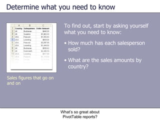 Determine what you need to know To find out, start by asking yourself what you need to know: What’s so great about PivotTable reports? Sales figures that go on and on How much has each salesperson sold? What are the sales amounts by country?  