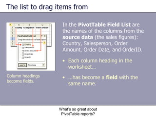 The list to drag items from In the  PivotTable Field List  are the names of the columns from the  source data  (the sales figures): Country, Salesperson, Order Amount, Order Date, and OrderID.  What’s so great about PivotTable reports? Column headings become fields. Each column heading in the worksheet…  … has become a  field  with the same name.  