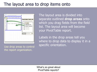 The layout area to drop items onto The layout area is divided into separate outlined  drop areas  onto which you drag fields from the field list. The layout area will become your PivotTable report.  Labels in the drop areas tell you where to drop data to display it in a specific orientation.  What’s so great about PivotTable reports? Use drop areas to control the report organization.  
