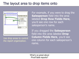 The layout area to drop items onto What’s so great about PivotTable reports? Use drop areas to control the report organization.  For example, if you were to drag the  Salesperson  field into the area labeled  Drop Row Fields Here , you’d see one row for each salesperson’s name.  If you dragged the  Salesperson  field into the area labeled  Drop Column Fields Here , you’d see one column for each salesperson’s name.  
