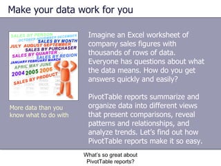 Make your data work for you Imagine an Excel worksheet of company sales figures with thousands of rows of data. Everyone has questions about what the data means. How do you get answers quickly and easily? PivotTable reports summarize and organize data into different views that present comparisons, reveal patterns and relationships, and analyze trends. Let’s find out how PivotTable reports make it so easy.  What’s so great about PivotTable reports? More data than you know what to do with 