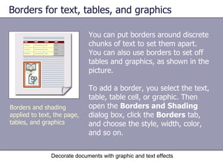 Borders for text, tables, and graphics You can put borders around discrete chunks of text to set them apart. You can also use borders to set off tables and graphics, as shown in the picture.  To add a border, you select the text, table, table cell, or graphic. Then open the  Borders and Shading  dialog box, click the  Borders  tab, and choose the style, width, color, and so on. Decorate documents with graphic and text effects Borders and shading applied to text, the page, tables, and graphics 