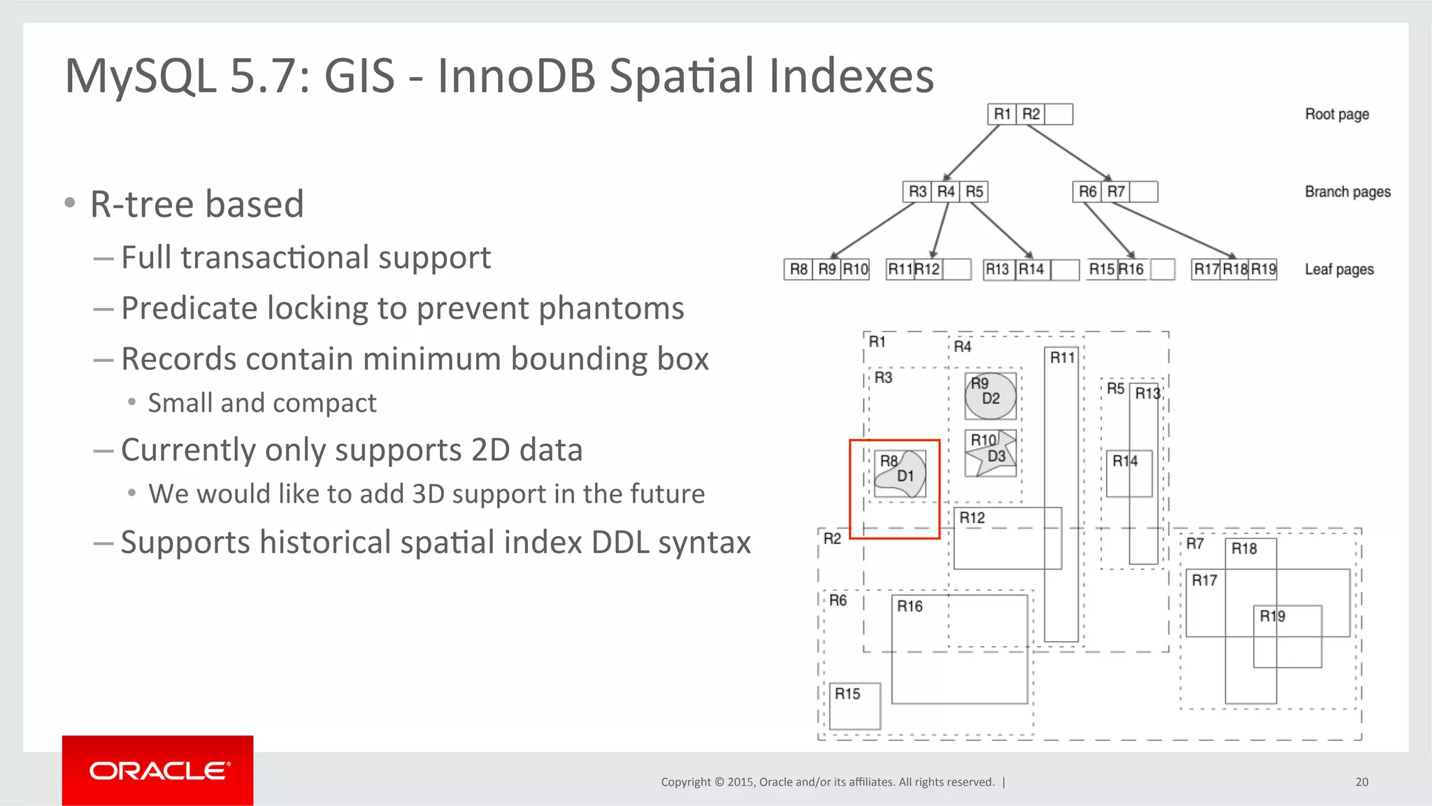 Copyright	
  ©	
  2015,	
  Oracle	
  and/or	
  its	
  aﬃliates.	
  All	
  rights	
  reserved.	
  	
  |	
  
•  R-­‐tree	
  based	
  
– Full	
  transacOonal	
  support	
  
– Predicate	
  locking	
  to	
  prevent	
  phantoms	
  
– Records	
  contain	
  minimum	
  bounding	
  box	
  
•  Small	
  and	
  compact	
  
– Currently	
  only	
  supports	
  2D	
  data	
  
•  We	
  would	
  like	
  to	
  add	
  3D	
  support	
  in	
  the	
  future	
  	
  
– Supports	
  historical	
  spaOal	
  index	
  DDL	
  syntax	
  
MySQL	
  5.7:	
  GIS	
  -­‐	
  InnoDB	
  SpaOal	
  Indexes	
  
	
  
20	
  
 