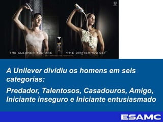 A Unilever dividiu os homens em seis
categorias:
Predador, Talentosos, Casadouros, Amigo,
Iniciante inseguro e Iniciante entusiasmado
 
