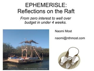 EPHEMERISLE:
Reflections on the Raft
 From zero interest to well over
   budget in under 4 weeks.

                      Naomi Most

                      naomi@nthmost.com
 