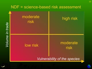 20
low risk
moderate
risk
moderate
risk
NDF = science-based risk assessment
Vulnerability of the species
Volumeintrade
high risk
 