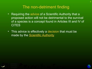 4
The non-detriment finding
• Requiring the advice of a Scientific Authority that a
proposed action will not be detrimental to the survival
of a species is a concept found in Articles III and IV of
CITES
• This advice is effectively a decision that must be
made by the Scientific Authority
 