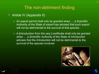 6
The non-detriment finding
• Article IV (Appendix II)
– An export permit shall only be granted when … a Scientific
Authority of the State of export has advised that such export
will not be detrimental to the survival of that species
– A [introduction from the sea ] certificate shall only be granted
when … a Scientific Authority of the State of introduction
advises that the introduction will not be detrimental to the
survival of the species involved
 