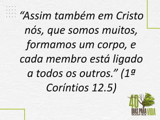 “Assim também em Cristo
nós, que somos muitos,
formamos um corpo, e
cada membro está ligado
a todos os outros.” (1ª
Coríntios 12.5)
 