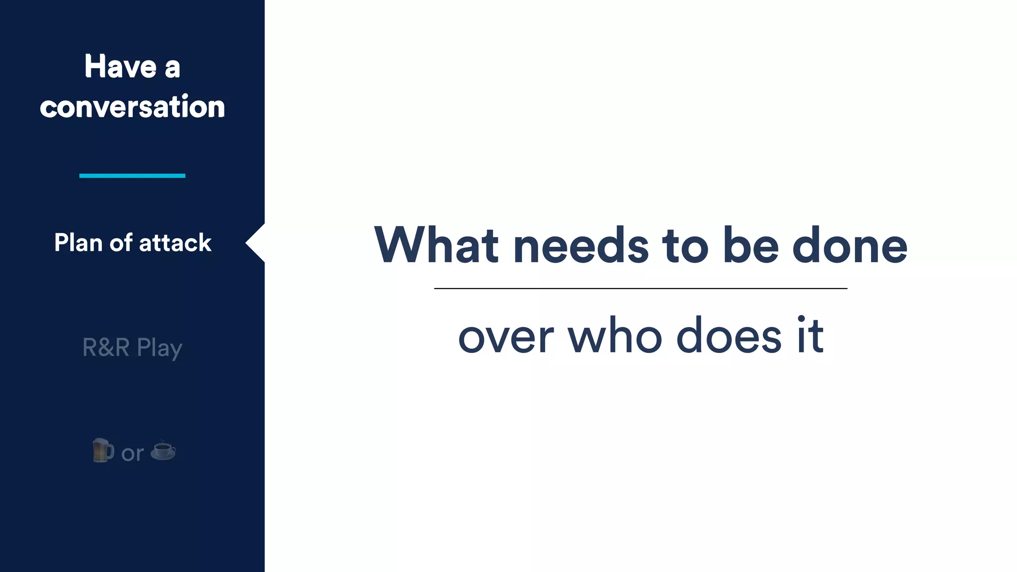 Have a
conversation
Have a
conversation
Plan of attack
R&R Play
🍺 or ☕
What needs to be done
over who does it
 