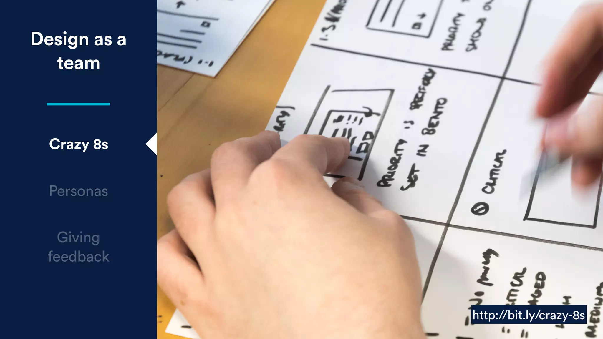 Design as a
team
Crazy 8s
Personas
Giving
feedback
http://bit.ly/crazy-8s
 