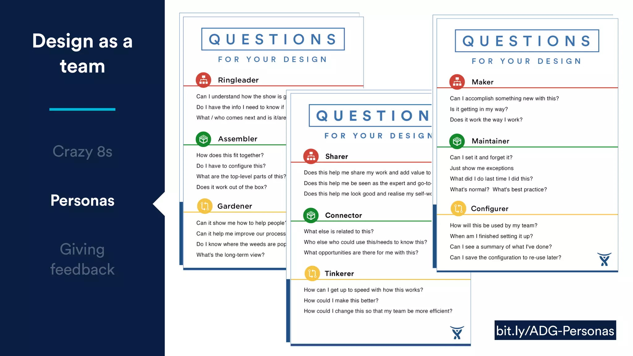 Design as a
team
Crazy 8s
Personas
Giving
feedback
bit.ly/ADG-Personas
 