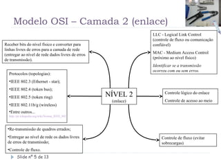 Modelo OSI – Camada 2 (enlace)
                                                               LLC - Logical Link Control
                                                               (controle de fluxo ou comunicação
Receber bits do nível físico e converter para                  confiável)
linhas livres de erros para a camada de rede
(entregar ao nível de rede dados livres de erros               MAC - Medium Access Control
de transmissão).                                               (próximo ao nível físico)
                                                               Identificar se a transmissão
                                                               ocorreu com ou sem erros.
  Protocolos (topologias):
  •IEEE 802.3 (Ethernet - star);
  •IEEE 802.4 (token bus);
  •IEEE 802.5 (token ring)                         NÍVEL 2           Controle lógico do enlace
                                                    (enlace)         Controle de acesso ao meio
  •IEEE 802.11b/g (wireless)
  •Entre outros...
  http://pt.wikipedia.org/wiki/Norma_IEEE_802



 •Re-transmissão de quadros errados;
 •Entregar ao nível de rede os dados livres                         Controle de fluxo (evitar
 de erros de transmissão;                                           sobrecargas)
 •Controle de fluxo.
       Slide nº 5 de 13
 