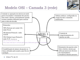 Modelo OSI – Camada 3 (rede)
Controlar as operações da rede de um modo
geral. Executando o roteamento dos pacotes                                          Tabelas estáticas: configuradas na
entre fonte e destino, principalmente quando                                        criação da rede e raramente
existem caminhos diferentes para conectar                                           modificadas.
entre si dois nós da rede.

  Protocolos:
  •IPX (Netware até versão 5.0) -
  redes Novel.
  •IP (Internet Protocol) - redes                                                         Controle de
  TCP/IP                                                        NÍVEL 3                   congestionamentos de
  •PLP (Packet Layer Protocol) -                                     (rede)               pacotes na rede.
  redes X.25. Veja mais em
  http://pt.wikipedia.org/wiki/X.25 e
  http://www.redes.usp.br/conteudo.asp?assunto=24&formato=geral&secao=tecnologias



                                                                                         Roteamento dos pacotes entre
 Contabilização do número de pacotes ou                                                  fonte e destino, mesmo que
 bytes utilizados pelo usuário, para fins de                                             tenha que passar por diversos
 tarifação.                                                                              nós intermediários
                                                                                         (roteadores) durante percurso;
        Slide nº 6 de 13
 